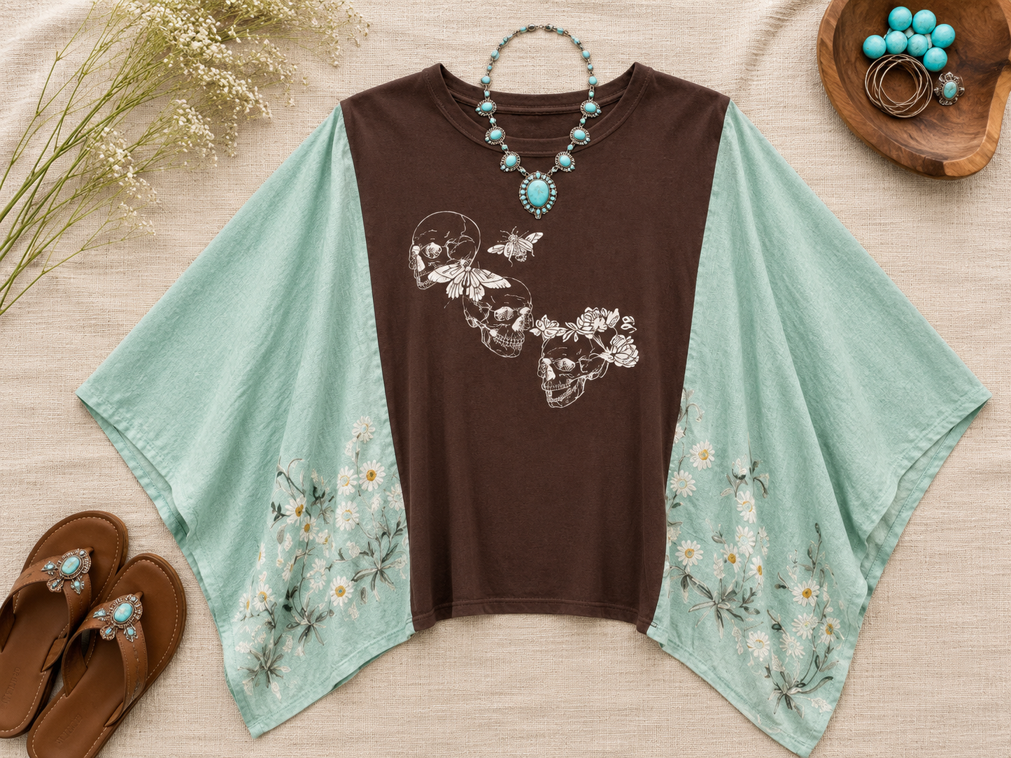 Floral Skull Handmade Boho Poncho