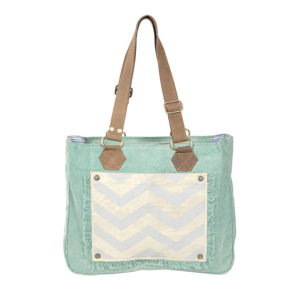 Clea Ray Aqua Canvas Chevron Pocket Tote Bag