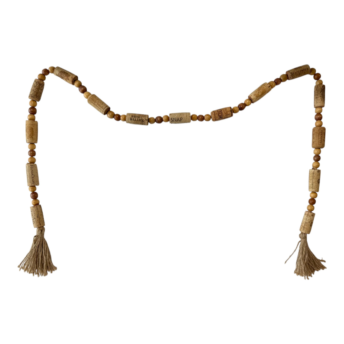 Handcrafted Wine Cork Garland – Timeless Rustic Boho Decor with Round Wood Beads & Tassels