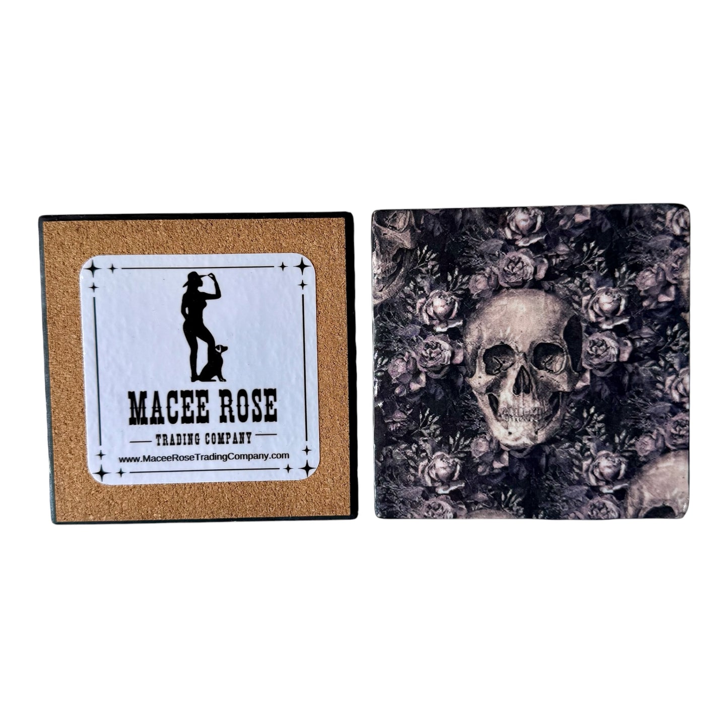 Gothic Skull & Damask Coaster Set with Metal Holder