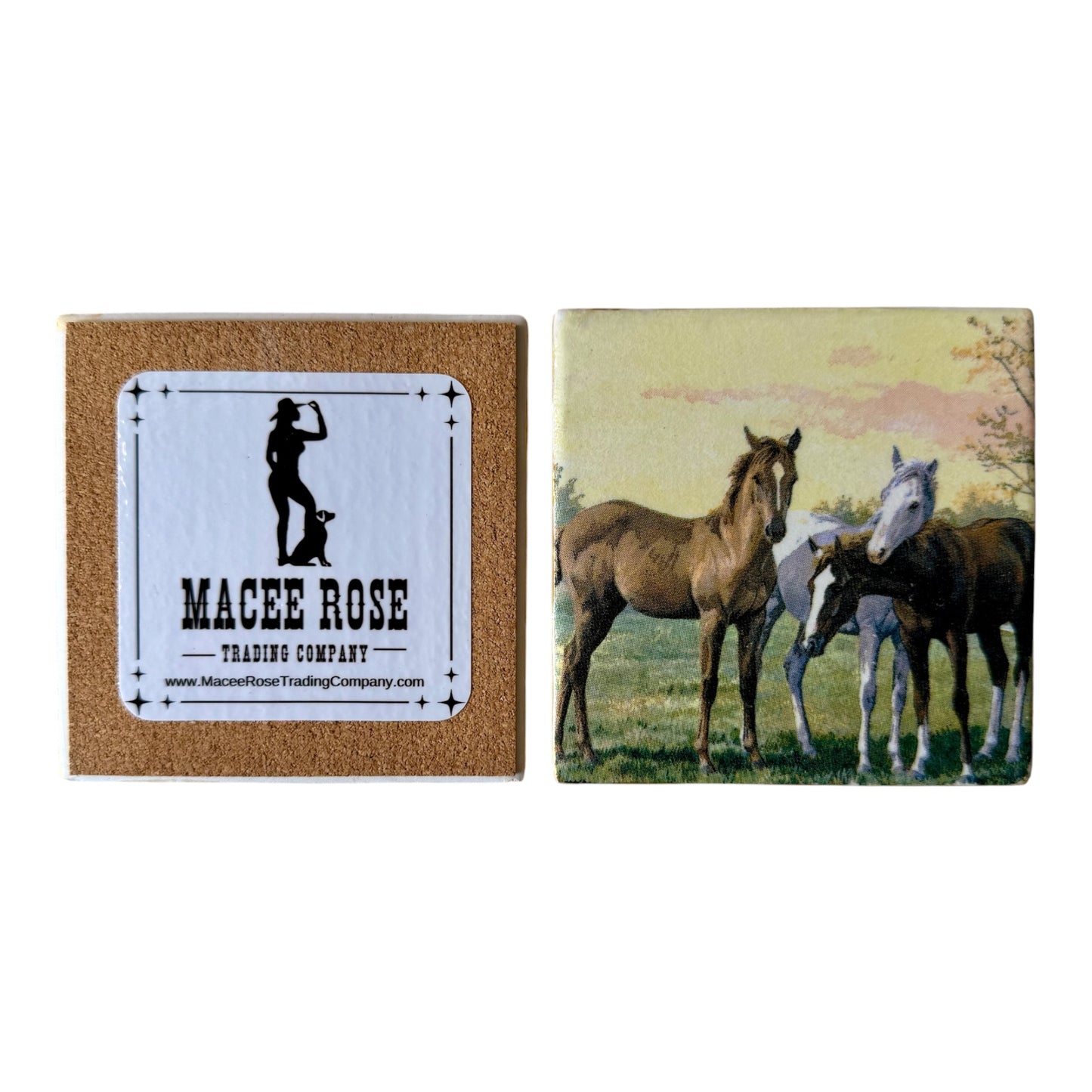 Western Horse Tile Coaster Set with Metal Holder