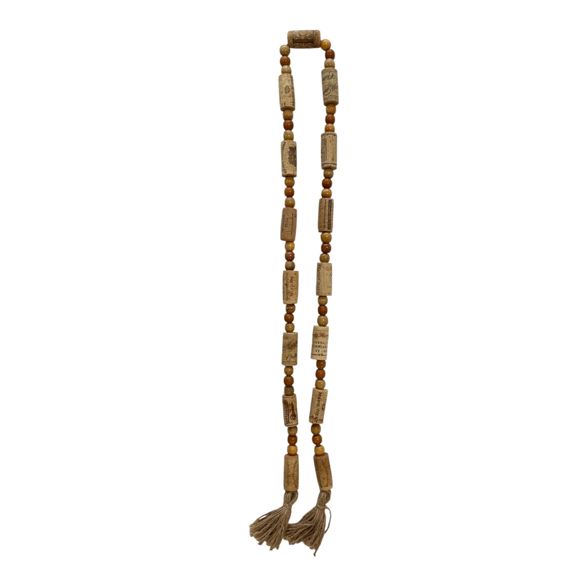 Handcrafted Wine Cork Garland – Timeless Rustic Boho Decor with Round Wood Beads & Tassels