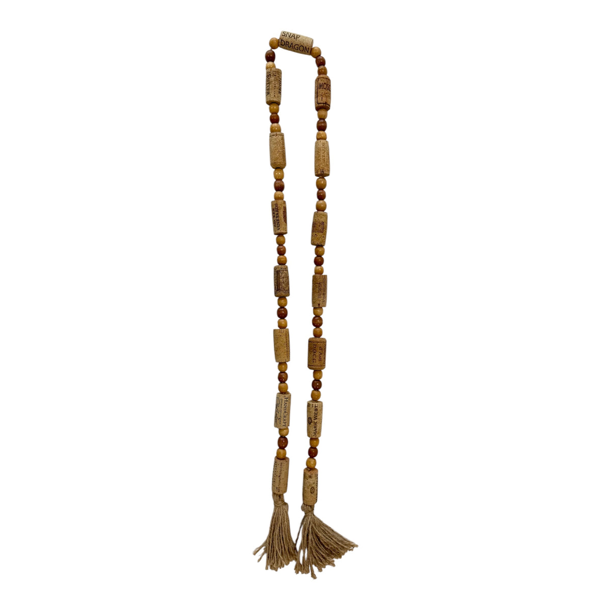 Handcrafted Wine Cork Garland – Timeless Rustic Boho Decor with Round Wood Beads & Tassels