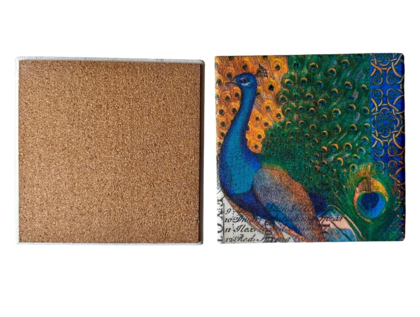 Peacock Splendor Handcrafted Coaster Set with Metal Holder