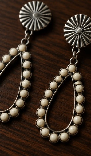 Ivory Beaded Open Teardrop Western Earrings