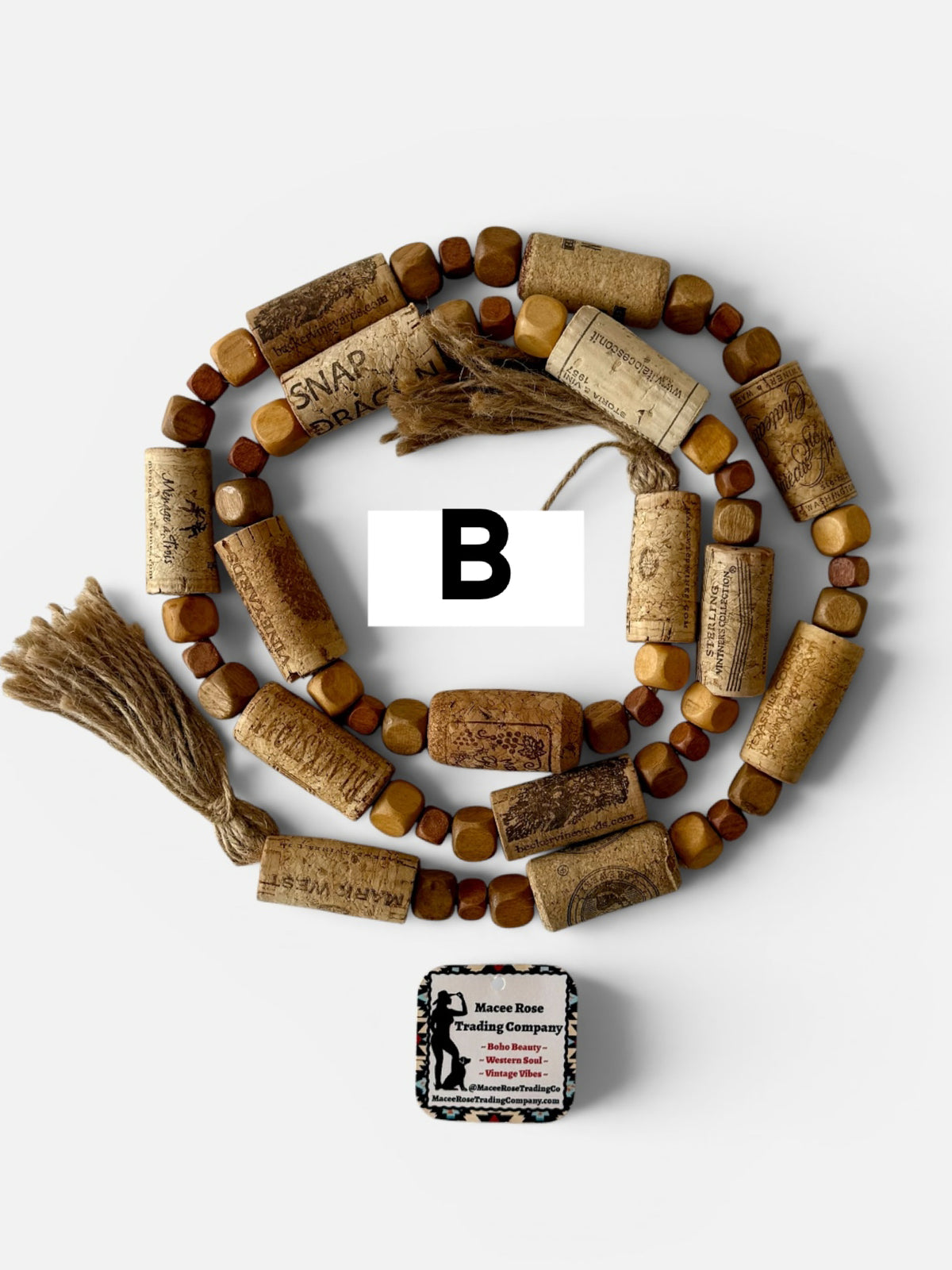 Handcrafted Wine Cork Garland – Timeless Rustic Boho Decor with Natural Square Wood Beads & Tassels