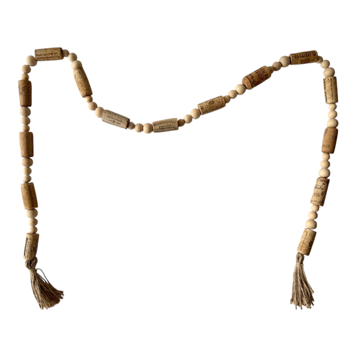 Handcrafted Wine Cork Garland with Natural Wooden Beads & Tassels