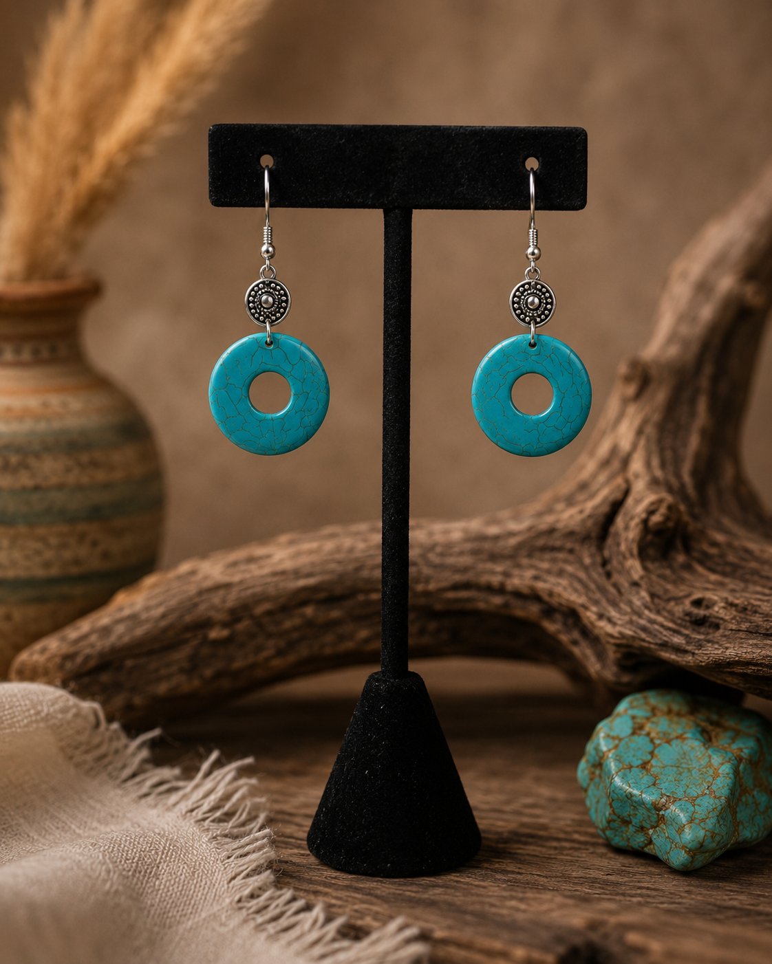 Turquoise Stone Circle Drop Earrings