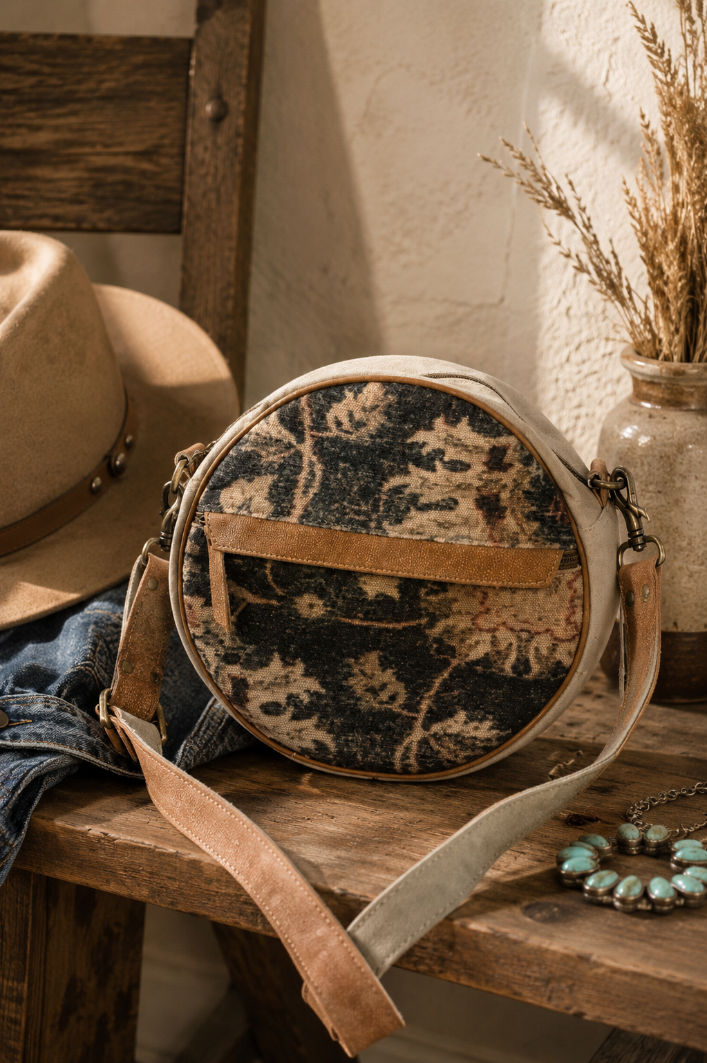 Upcycled Floral Canvas Round Crossbody Bag