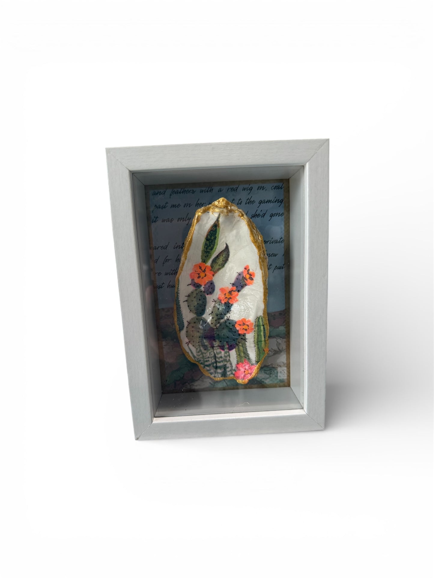 Handcrafted Oyster Shell Shadow Box Decor - Cactus Wall Decor / Shelf Sitter / 5”x7”