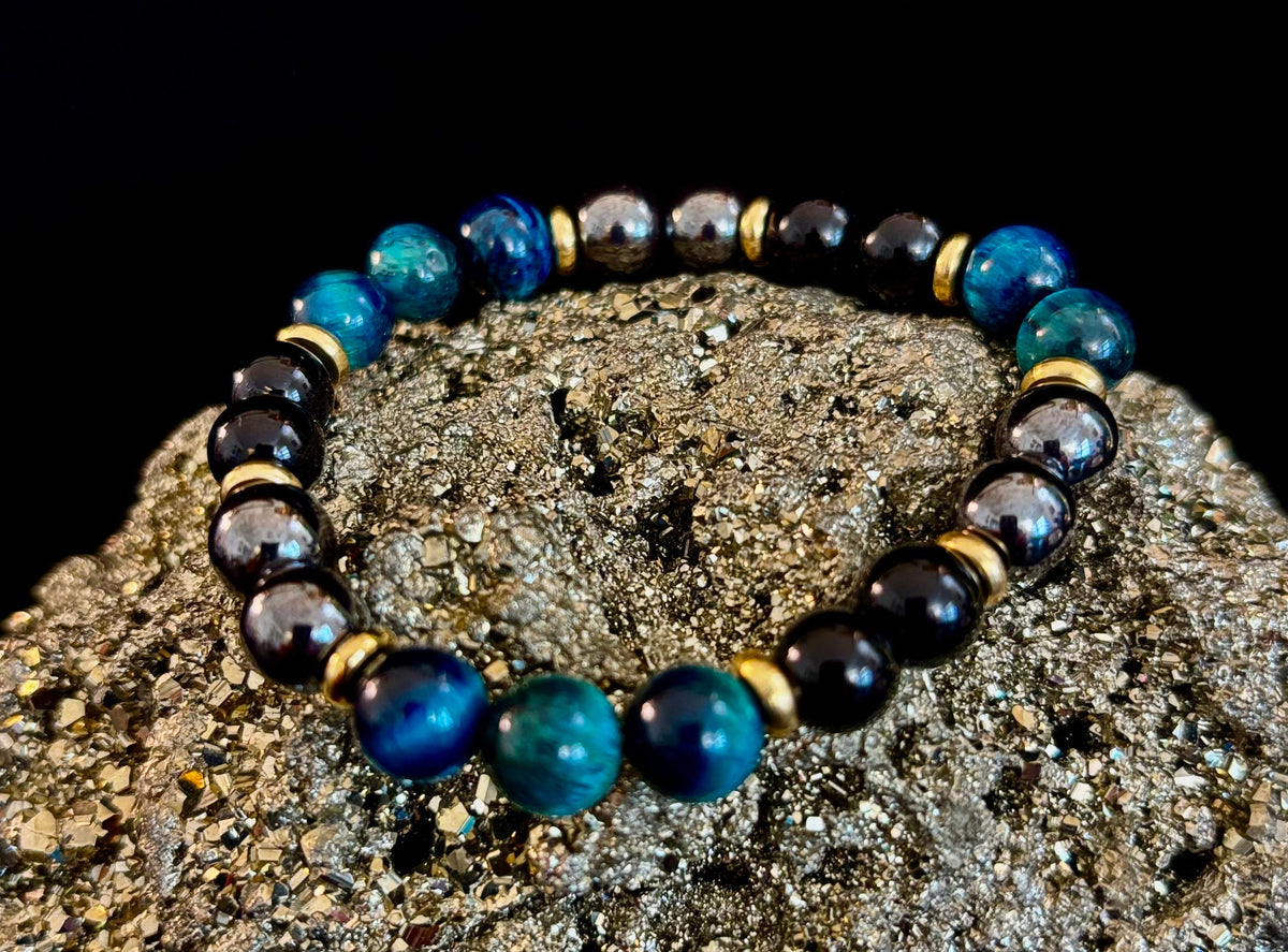 Reiki-Infused Blue Tiger Eye, Silver Hematite & Black Onyx Bracelet for Mental Clarity, Protection & Resilience (8mm)