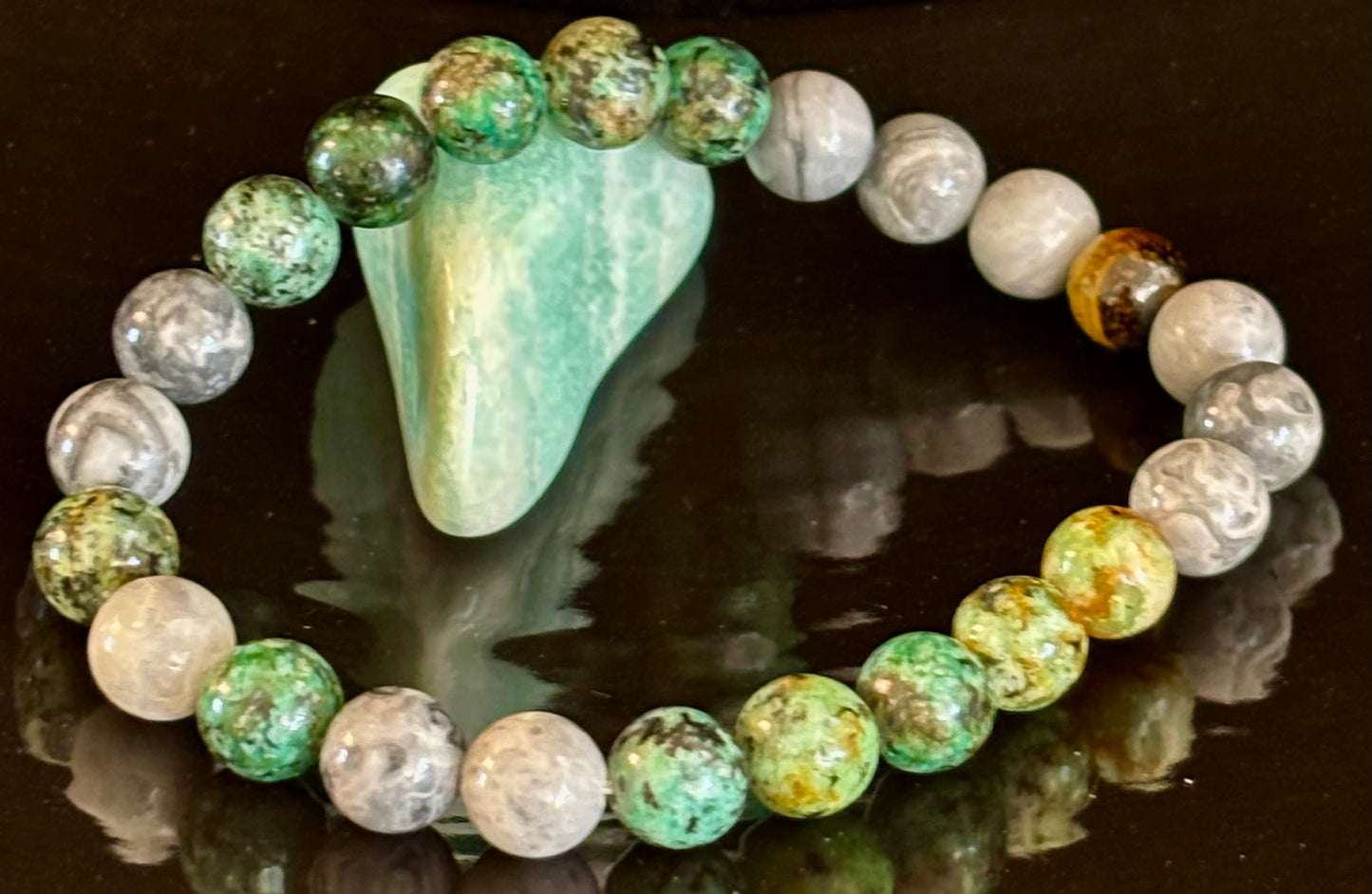 Tranquil Power Bracelet โ African Turquoise, Tiger Eye & Map Stone