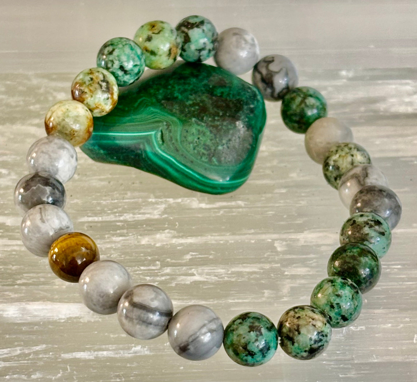 Tranquil Power Bracelet โ African Turquoise, Tiger Eye & Map Stone