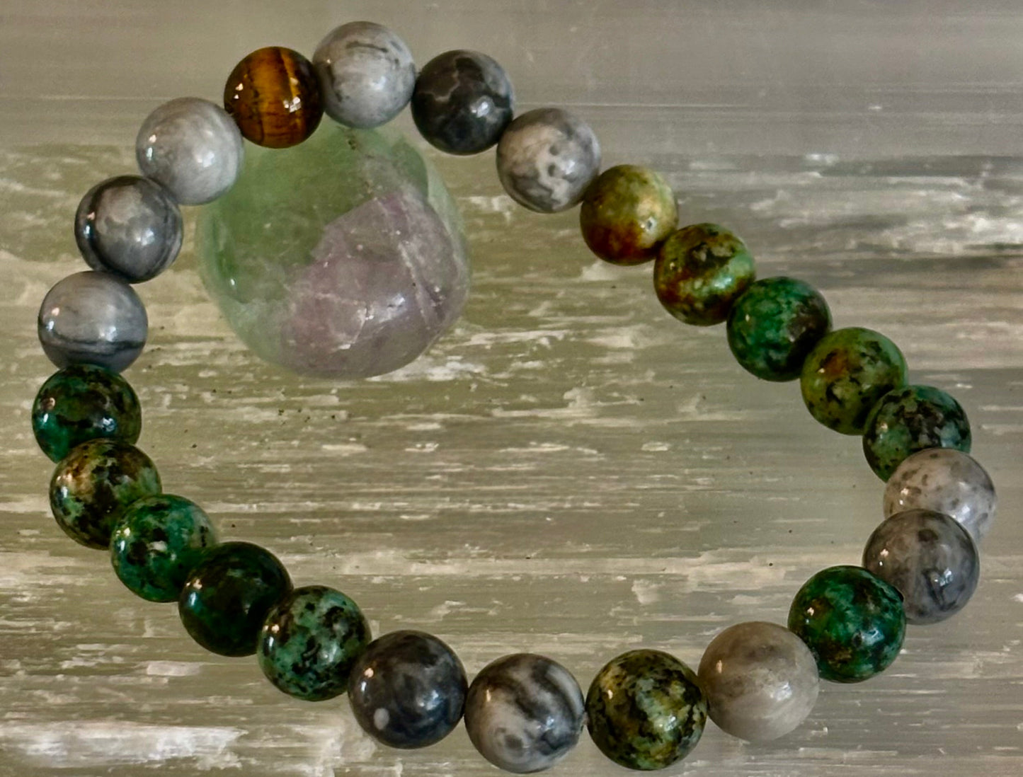 Tranquil Power Bracelet โ African Turquoise, Tiger Eye & Map Stone