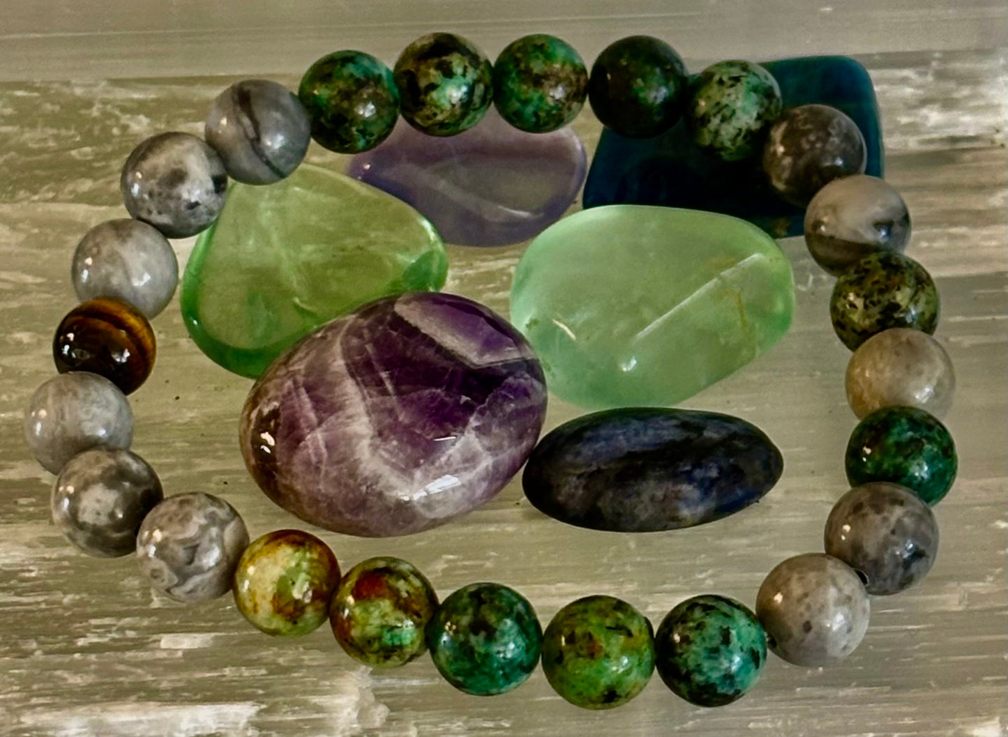 Tranquil Power Bracelet โ African Turquoise, Tiger Eye & Map Stone