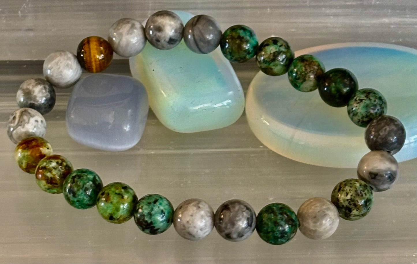 Tranquil Power Bracelet โ African Turquoise, Tiger Eye & Map Stone
