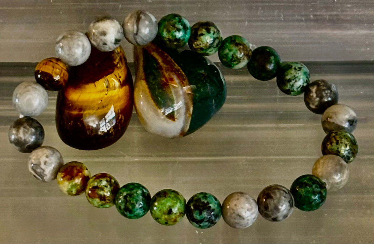 Tranquil Power Bracelet โ African Turquoise, Tiger Eye & Map Stone