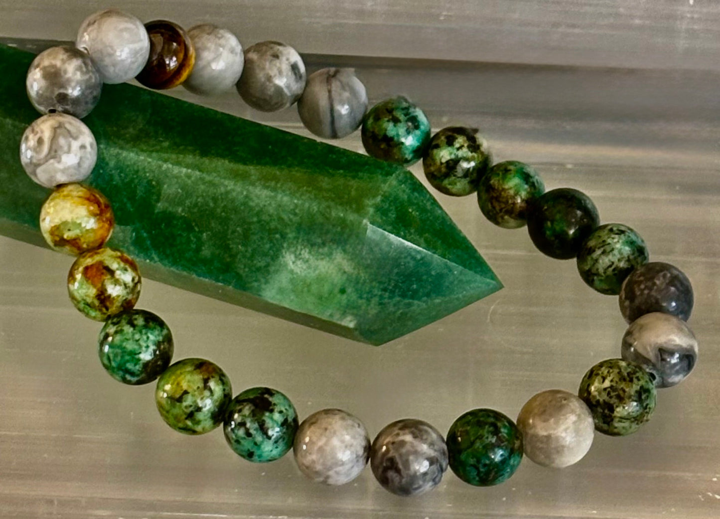 Tranquil Power Bracelet โ African Turquoise, Tiger Eye & Map Stone