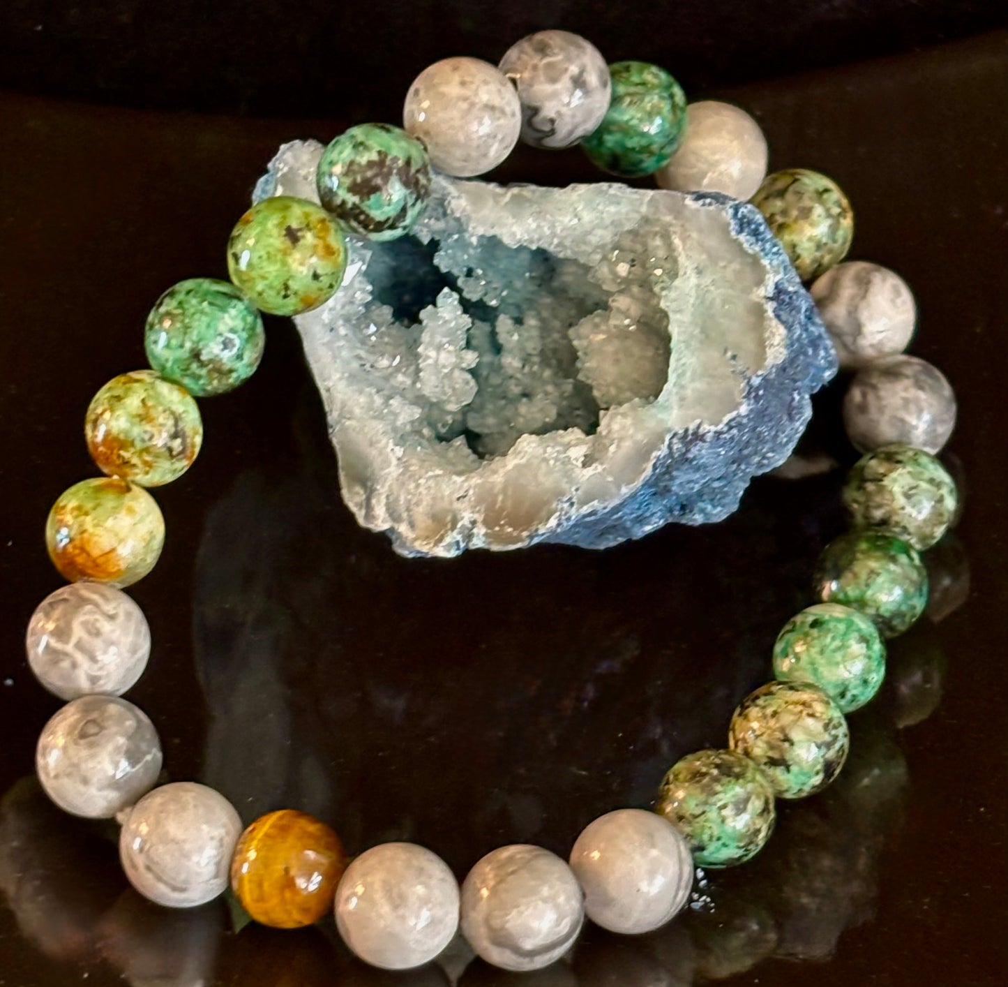 Tranquil Power Bracelet โ African Turquoise, Tiger Eye & Map Stone