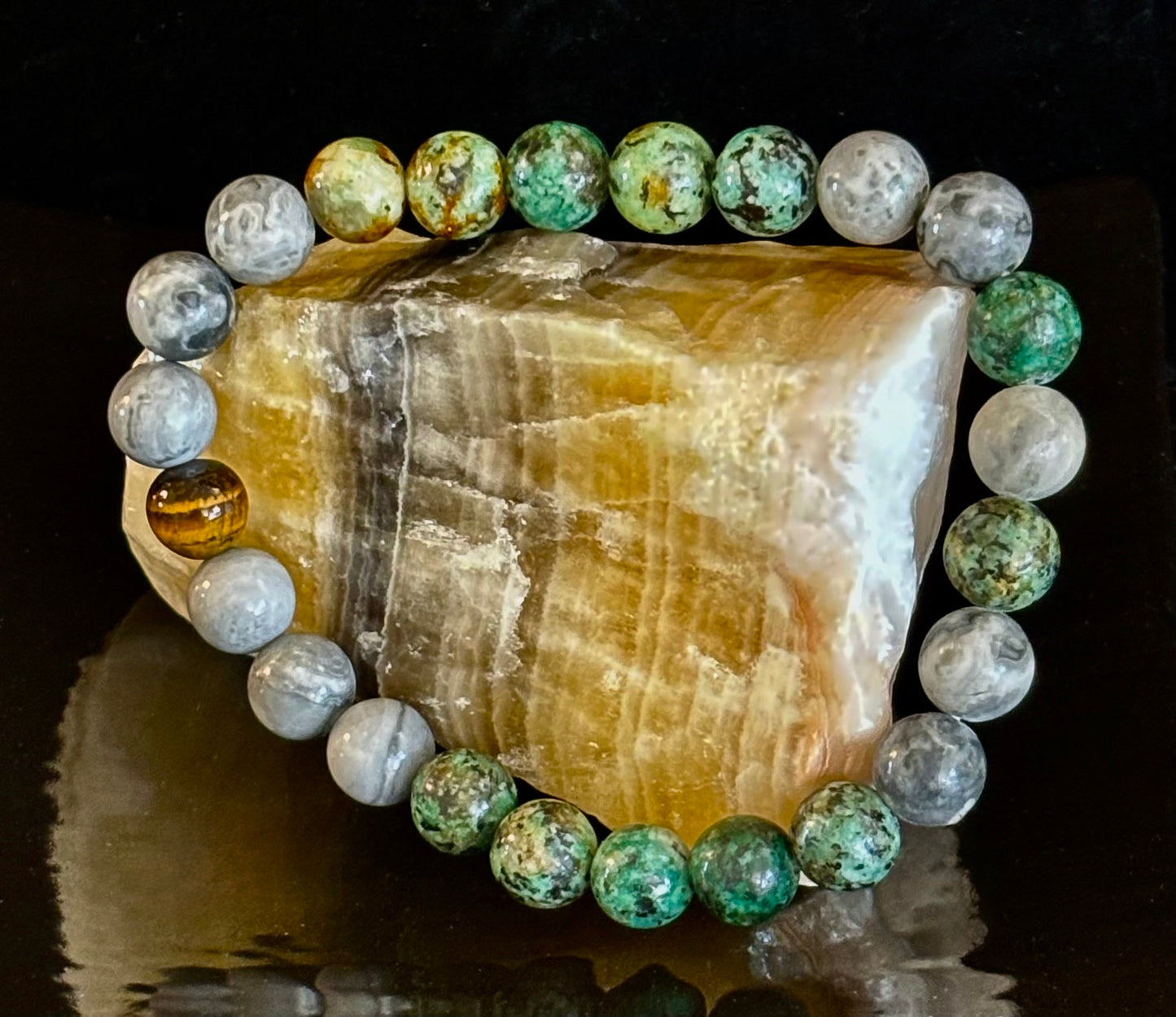 Tranquil Power Bracelet โ African Turquoise, Tiger Eye & Map Stone