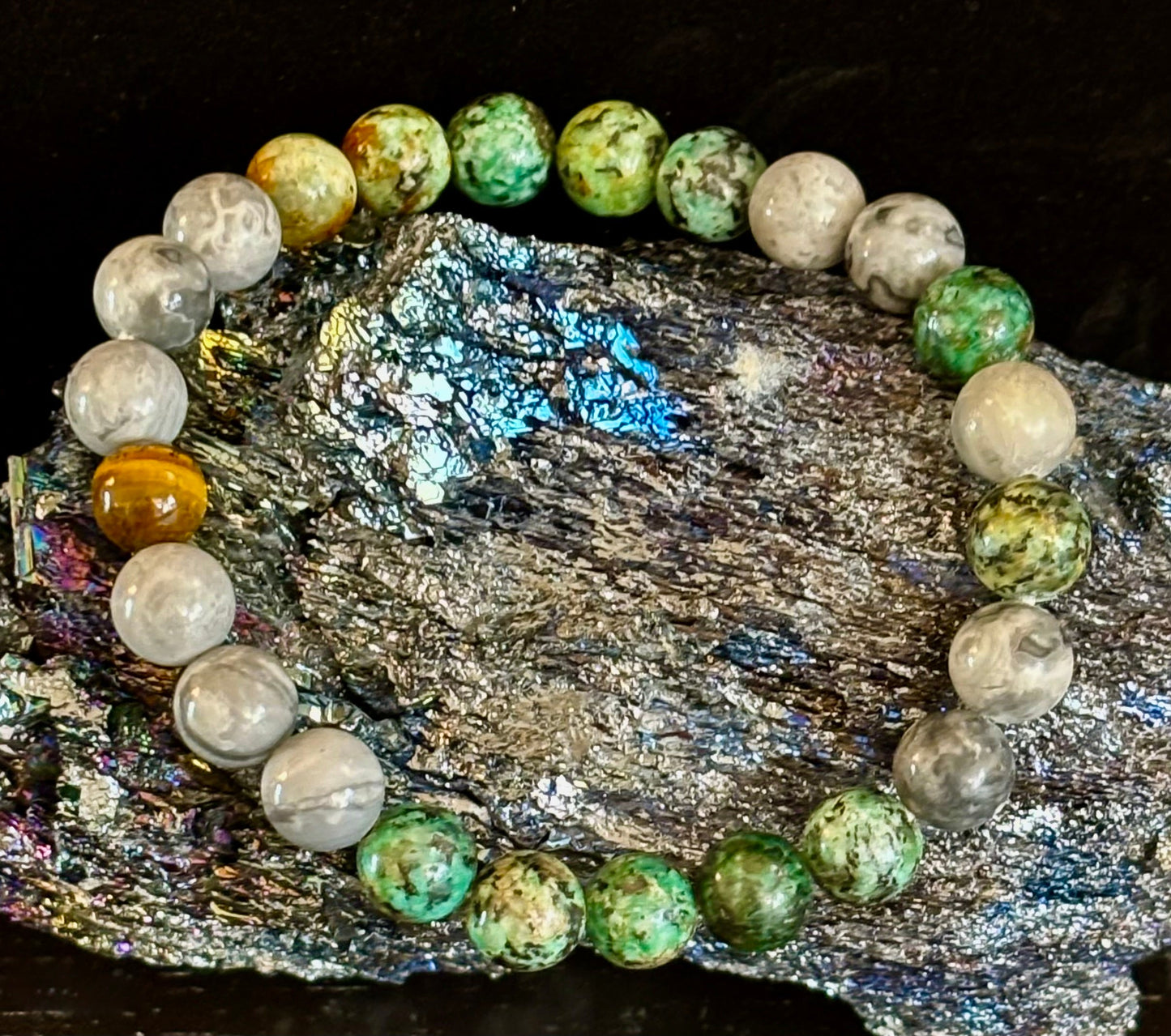 Tranquil Power Bracelet โ African Turquoise, Tiger Eye & Map Stone