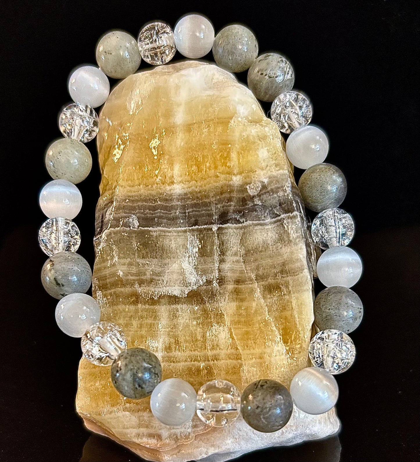 Reiki-Infused Lightworkers Healing Bracelet โ Labradorite, Crackle Quartz & Selenite