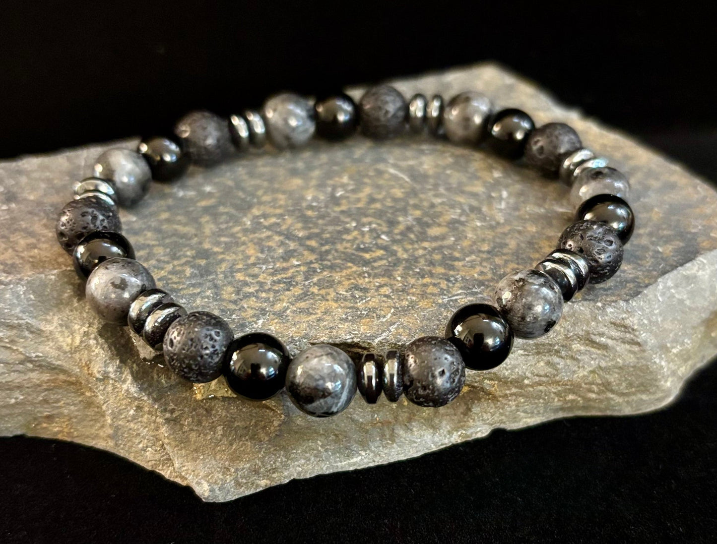 Men's Mystic Warrior Bracelet โ Labradorite, Black Onyx & Lava Rock with Black Metal Spacers (Fits Large Wrists)