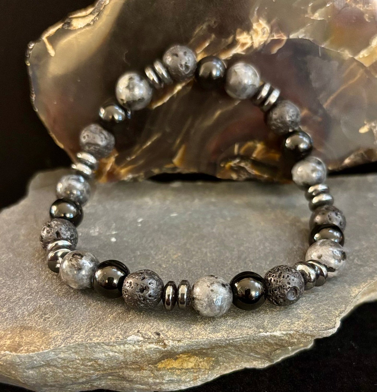 Men's Mystic Warrior Bracelet โ Labradorite, Black Onyx & Lava Rock with Black Metal Spacers (Fits Large Wrists)