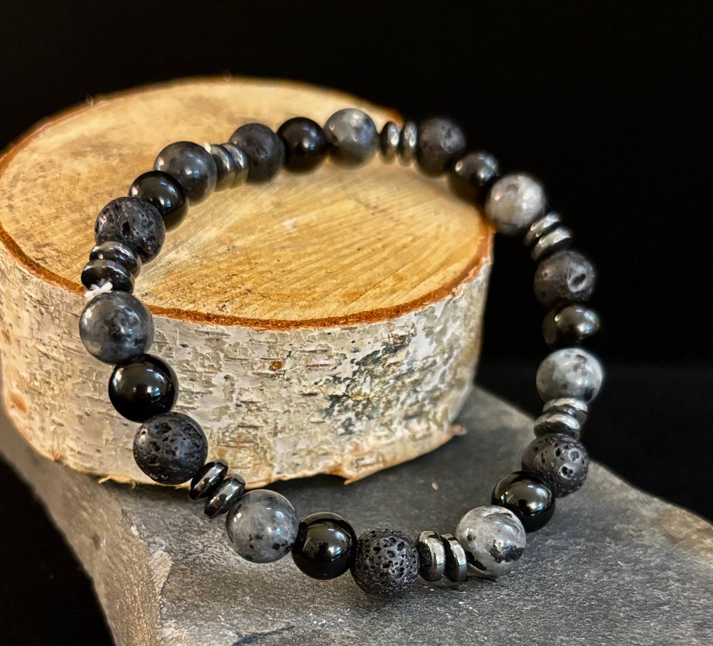 Men's Mystic Warrior Bracelet โ Labradorite, Black Onyx & Lava Rock with Black Metal Spacers (Fits Large Wrists)