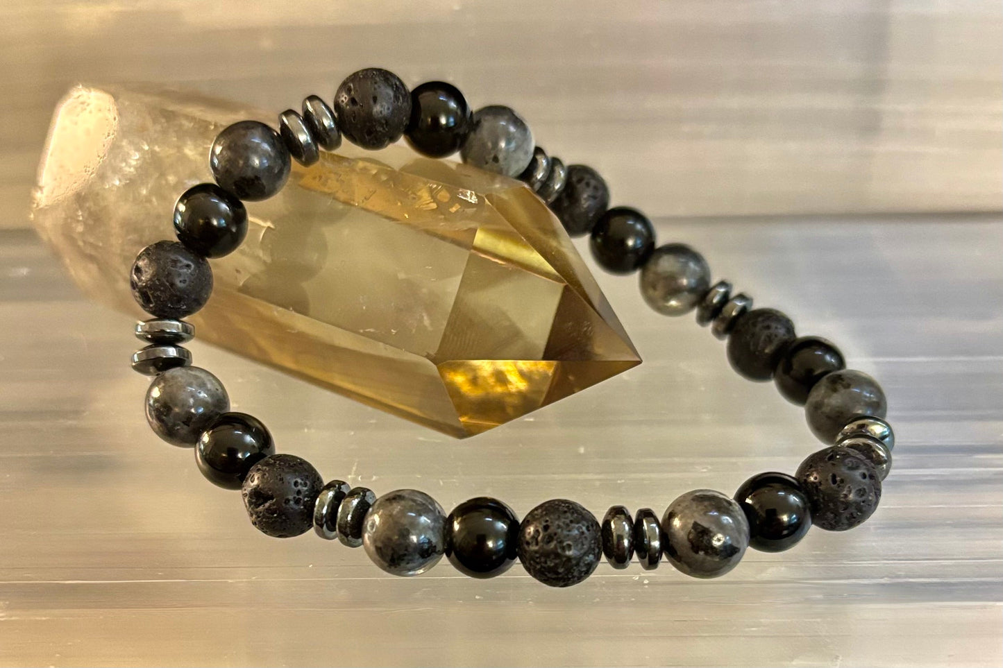 Men's Mystic Warrior Bracelet โ Labradorite, Black Onyx & Lava Rock with Black Metal Spacers (Fits Large Wrists)