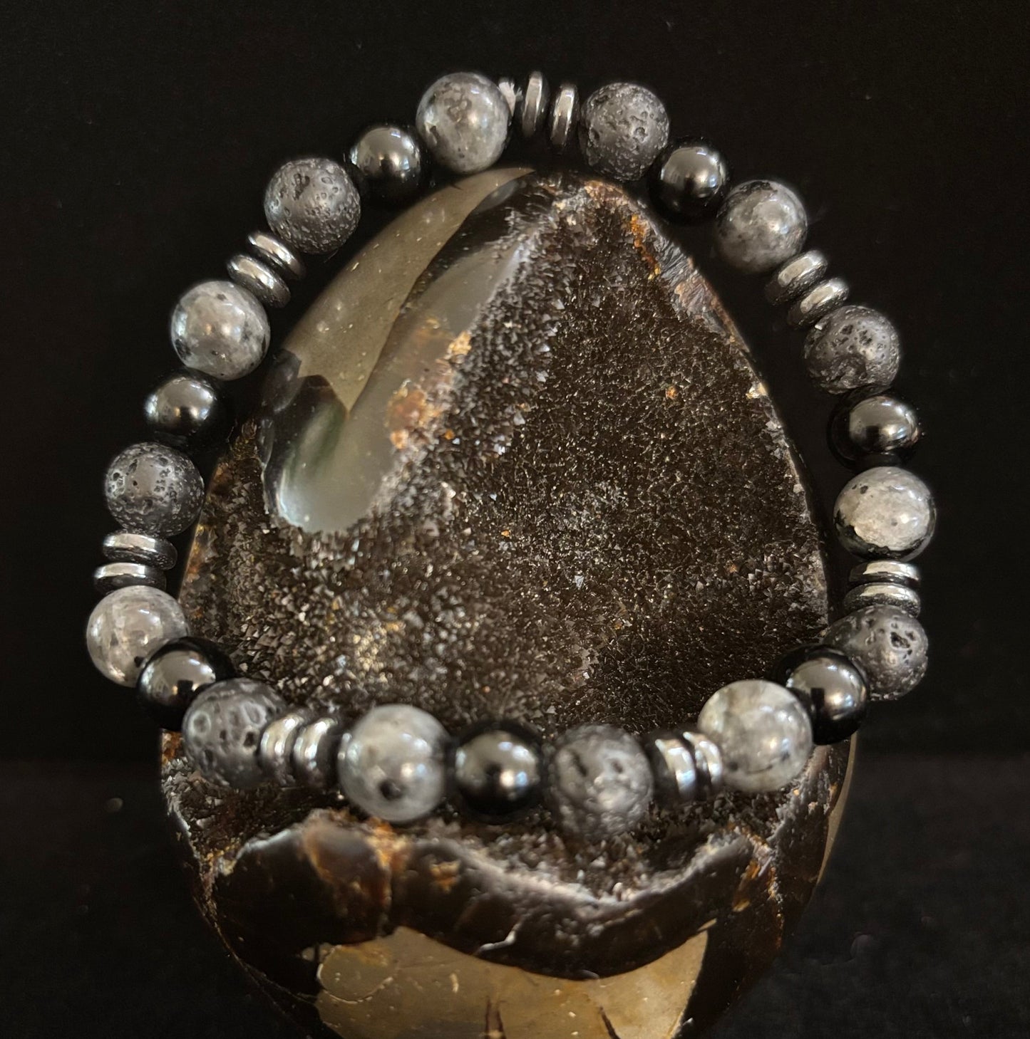 Men's Mystic Warrior Bracelet โ Labradorite, Black Onyx & Lava Rock with Black Metal Spacers (Fits Large Wrists)