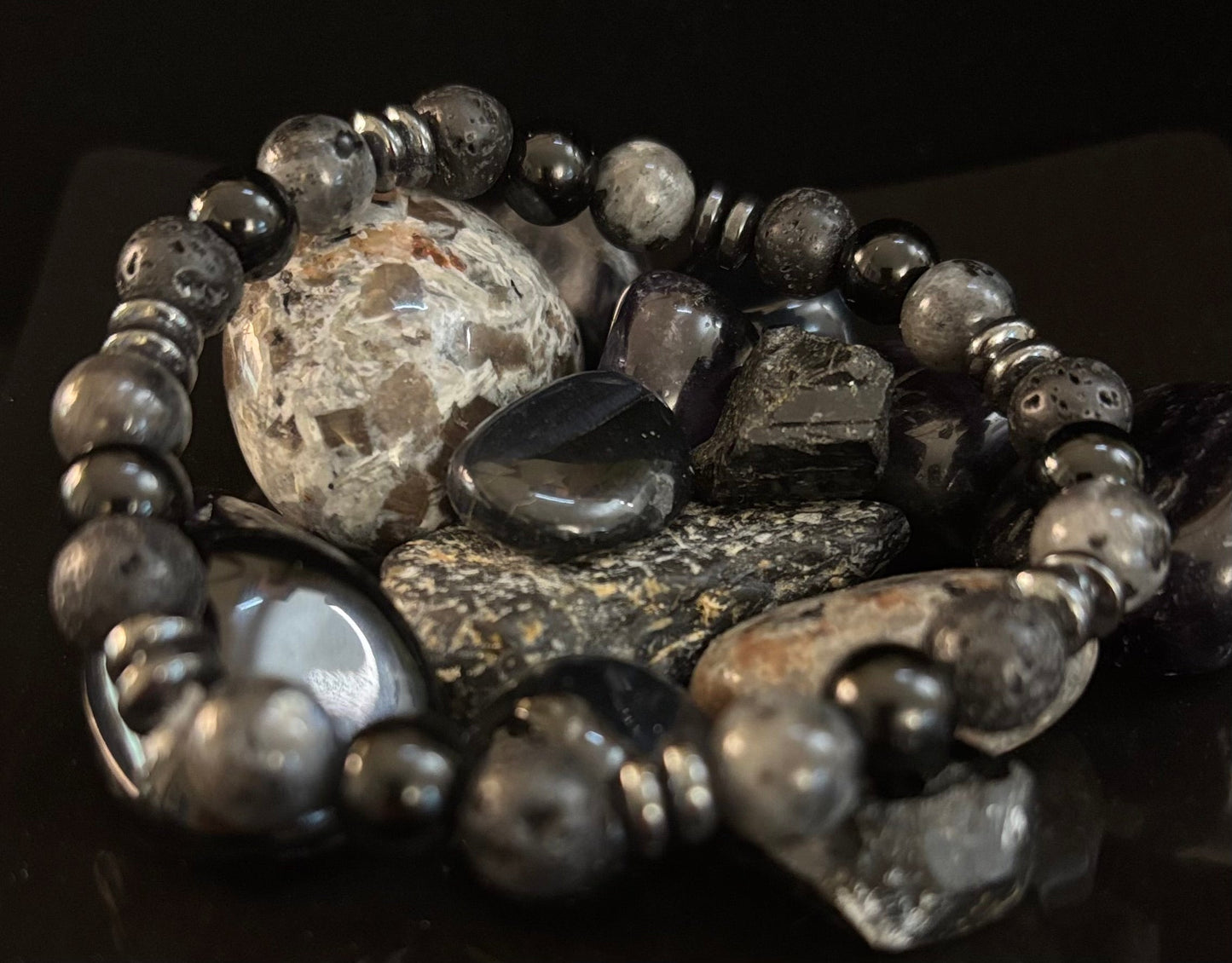 Men's Mystic Warrior Bracelet โ Labradorite, Black Onyx & Lava Rock with Black Metal Spacers (Fits Large Wrists)