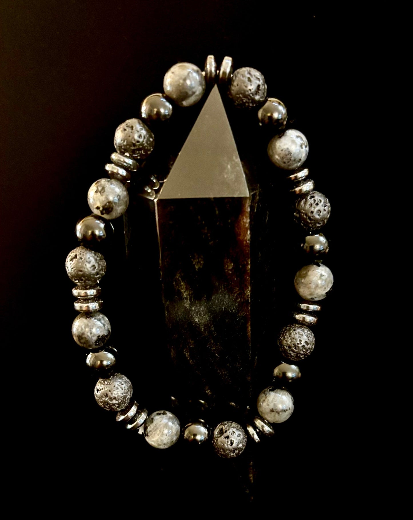 Men's Mystic Warrior Bracelet โ Labradorite, Black Onyx & Lava Rock with Black Metal Spacers (Fits Large Wrists)
