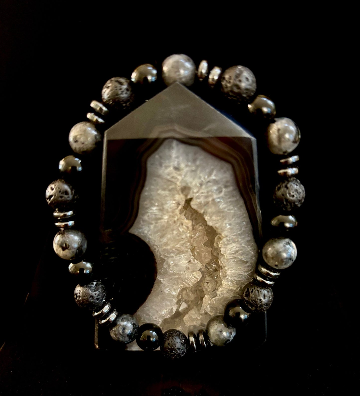 Men's Mystic Warrior Bracelet โ Labradorite, Black Onyx & Lava Rock with Black Metal Spacers (Fits Large Wrists)