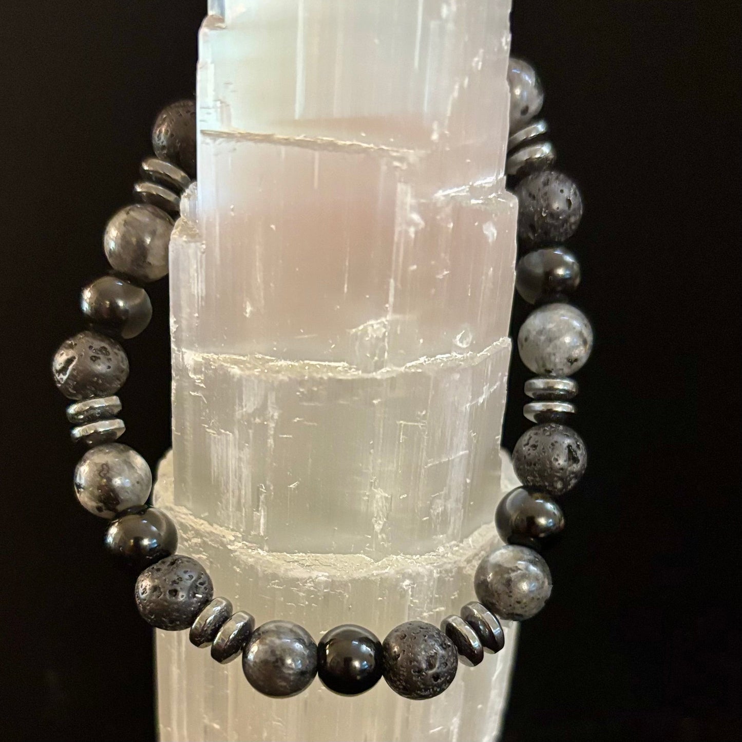 Men's Mystic Warrior Bracelet โ Labradorite, Black Onyx & Lava Rock with Black Metal Spacers (Fits Large Wrists)