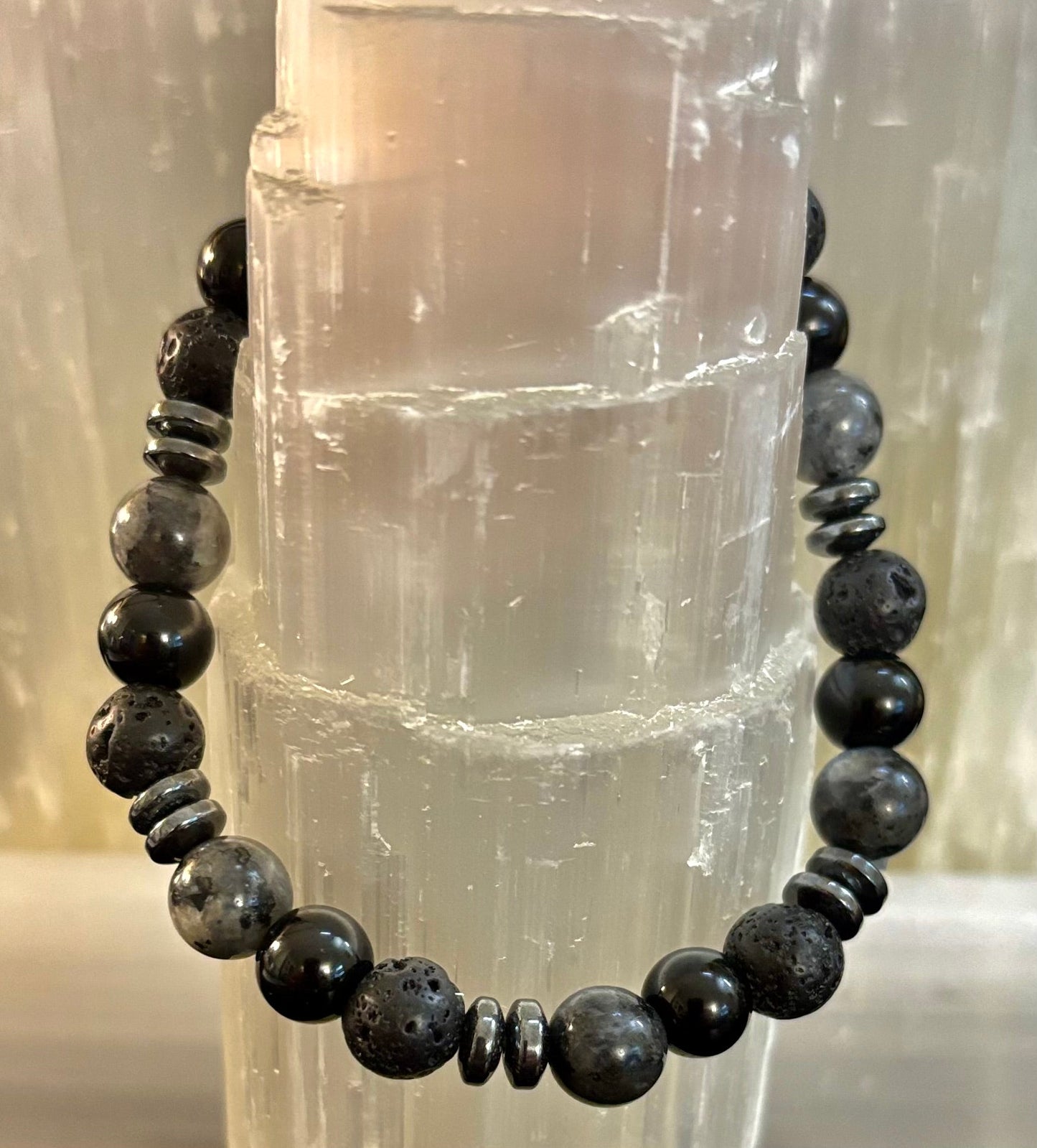 Men's Mystic Warrior Bracelet โ Labradorite, Black Onyx & Lava Rock with Black Metal Spacers (Fits Large Wrists)