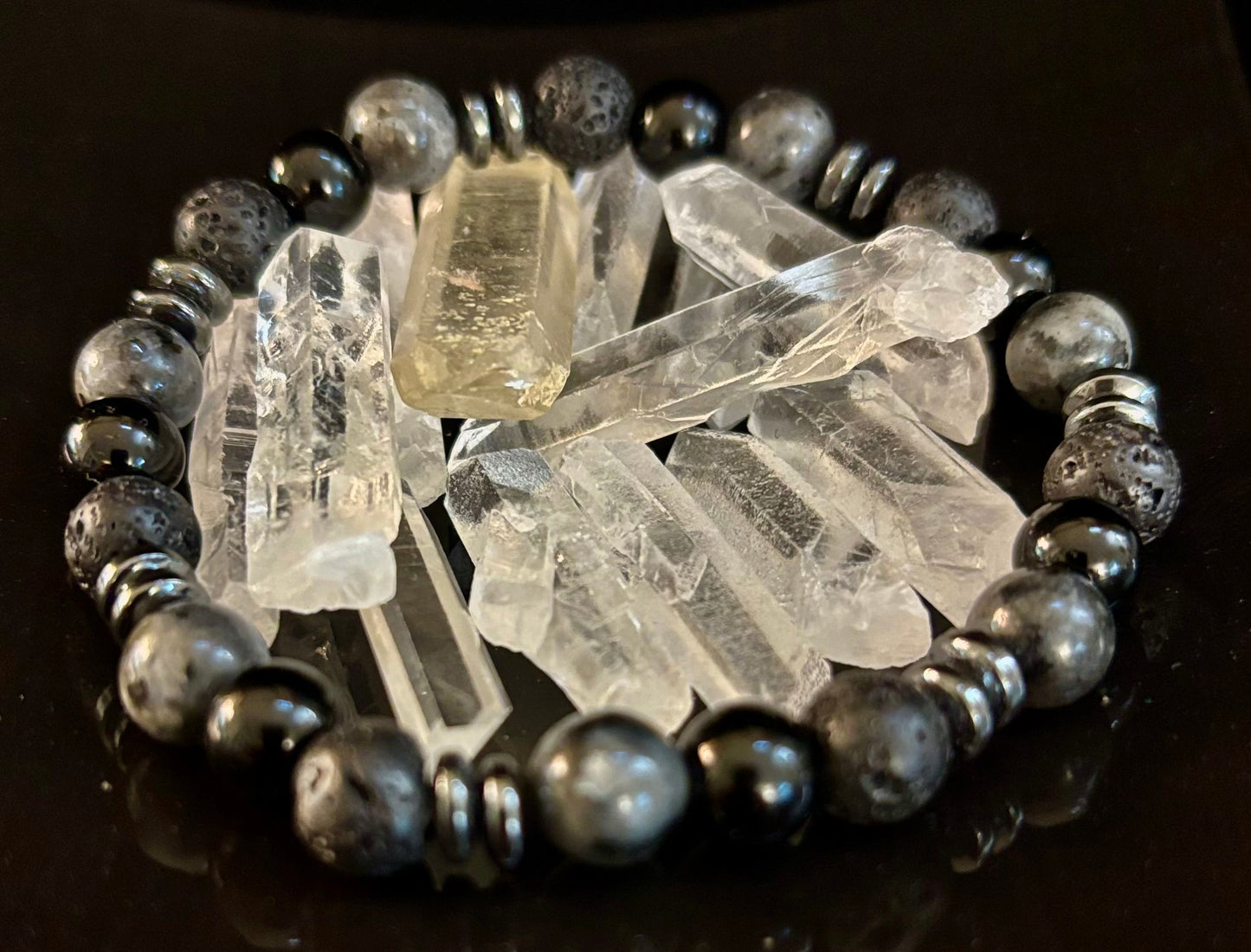 Men's Mystic Warrior Bracelet โ Labradorite, Black Onyx & Lava Rock with Black Metal Spacers (Fits Large Wrists)