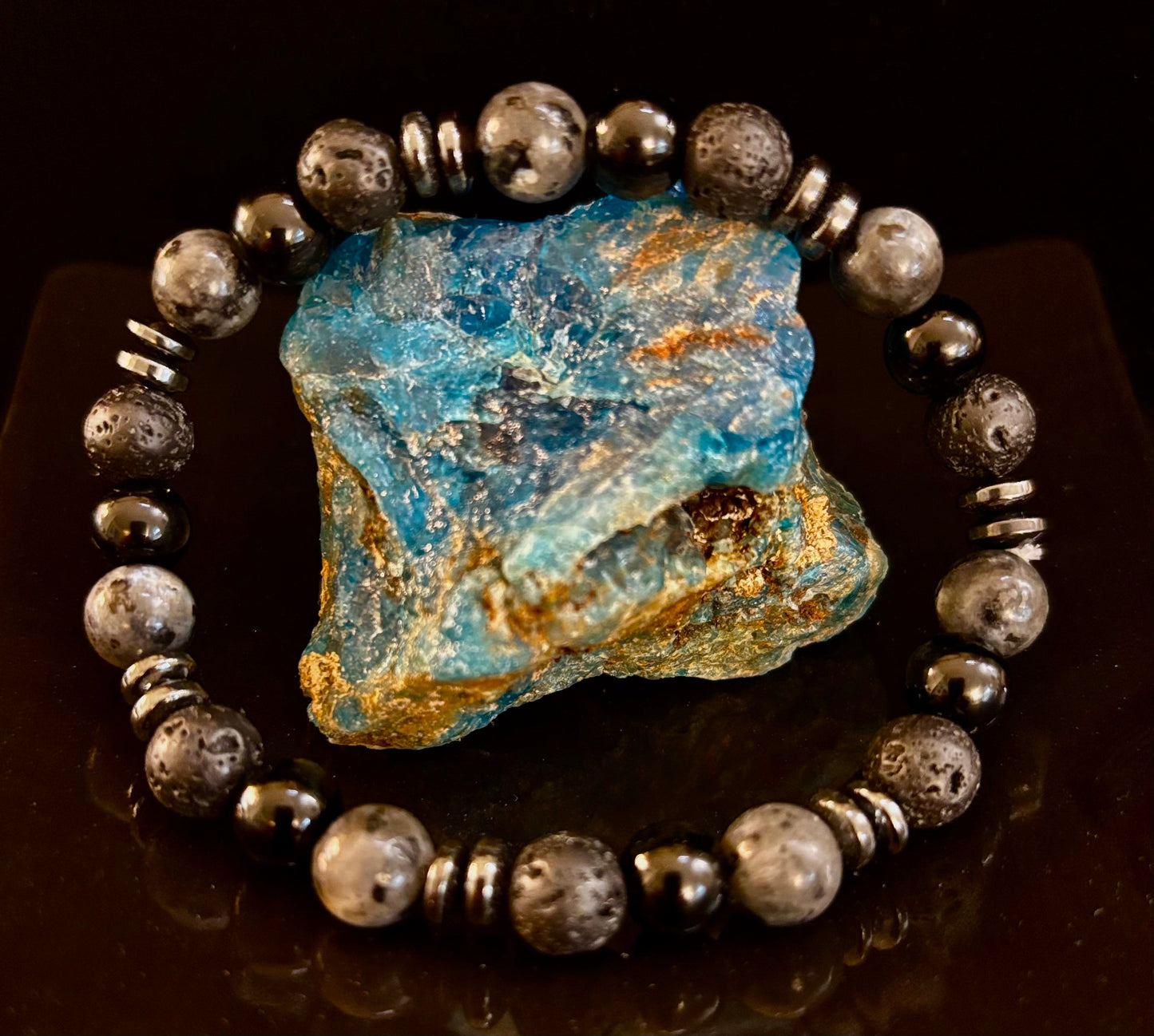 Men's Mystic Warrior Bracelet โ Labradorite, Black Onyx & Lava Rock with Black Metal Spacers (Fits Large Wrists)