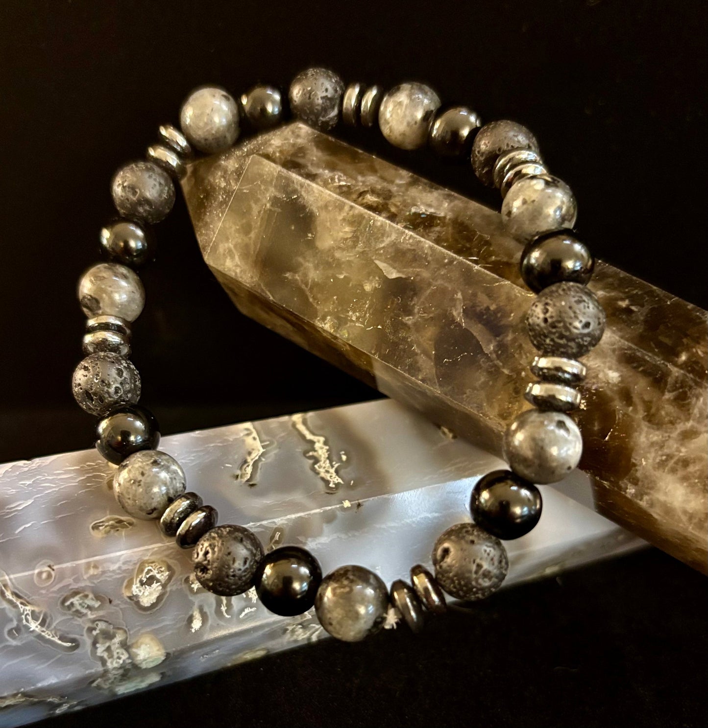 Men's Mystic Warrior Bracelet โ Labradorite, Black Onyx & Lava Rock with Black Metal Spacers (Fits Large Wrists)