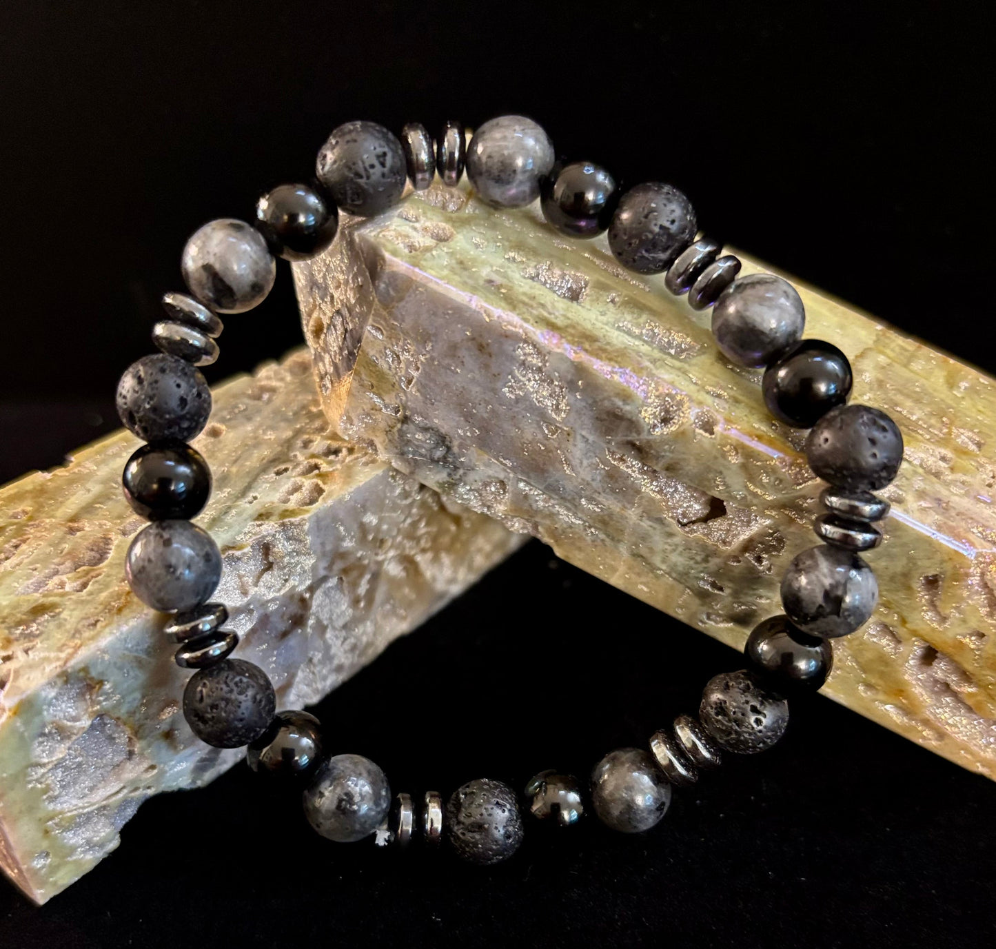 Men's Mystic Warrior Bracelet โ Labradorite, Black Onyx & Lava Rock with Black Metal Spacers (Fits Large Wrists)
