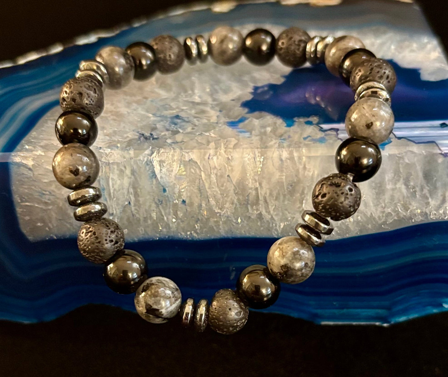 Men's Mystic Warrior Bracelet โ Labradorite, Black Onyx & Lava Rock with Black Metal Spacers (Fits Large Wrists)