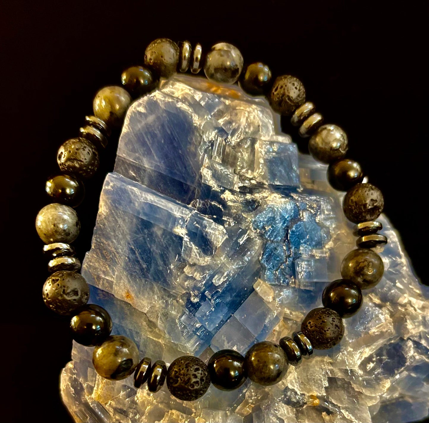 Men's Mystic Warrior Bracelet โ Labradorite, Black Onyx & Lava Rock with Black Metal Spacers (Fits Large Wrists)