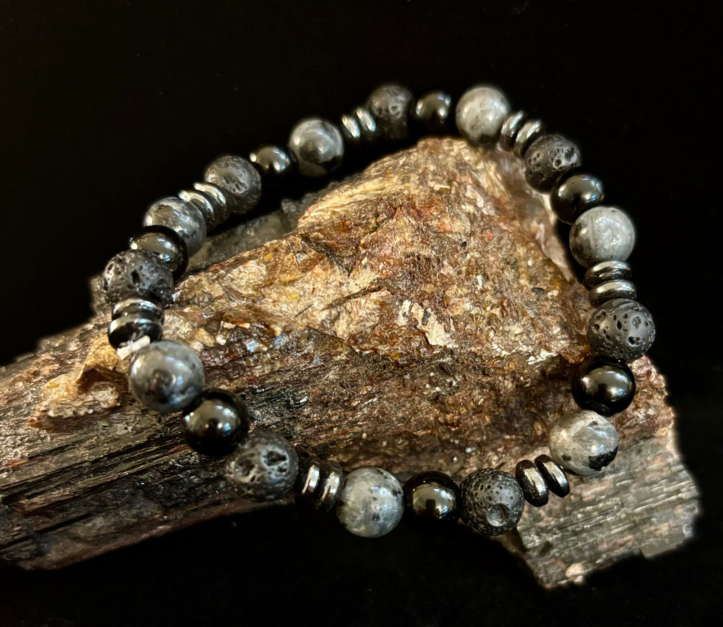 Men's Mystic Warrior Bracelet โ Labradorite, Black Onyx & Lava Rock with Black Metal Spacers (Fits Large Wrists)