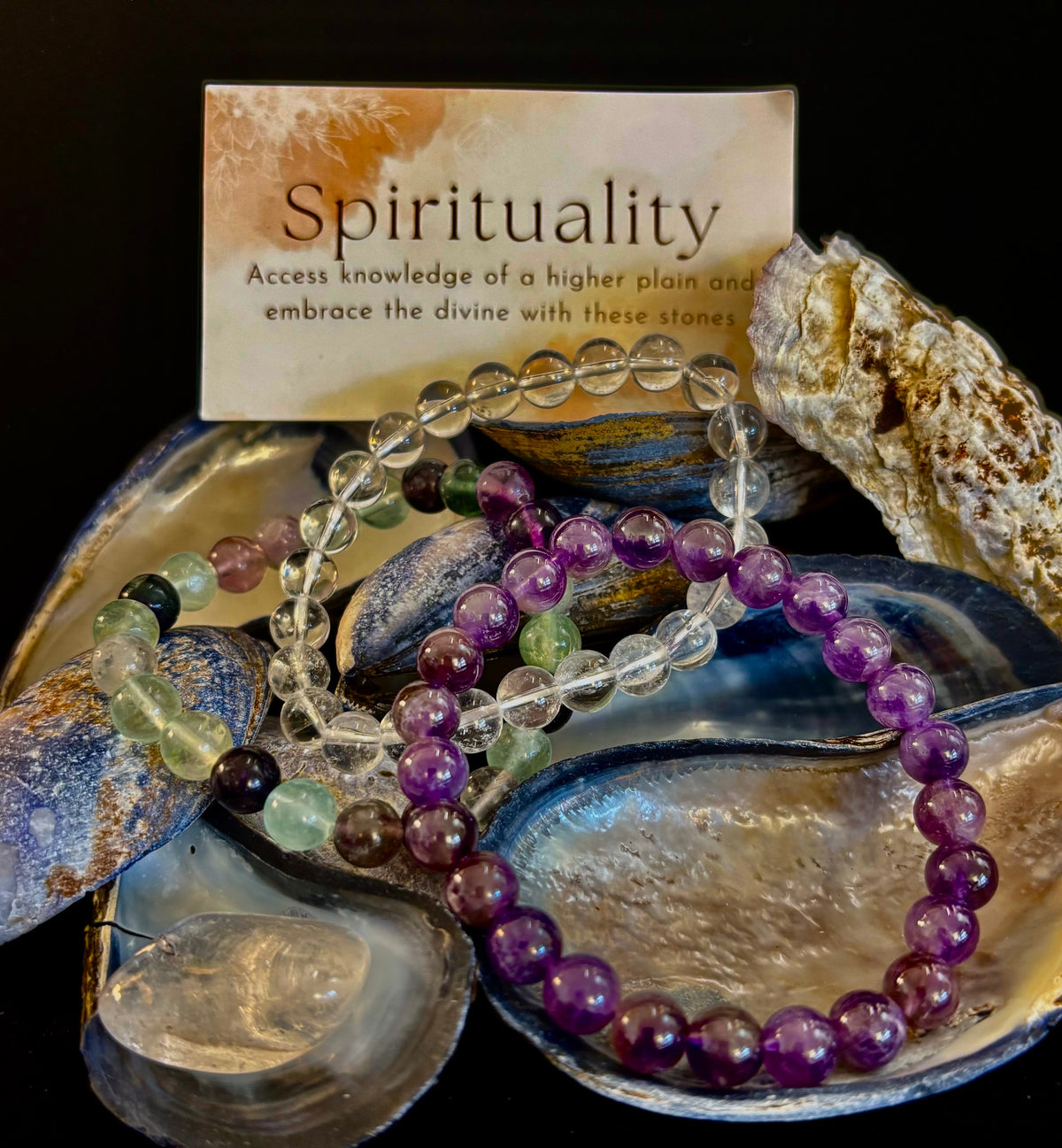 Intentions Bracelet Set with a crystal – Spirituality (Clear Quartz, Amethyst & Fluorite)