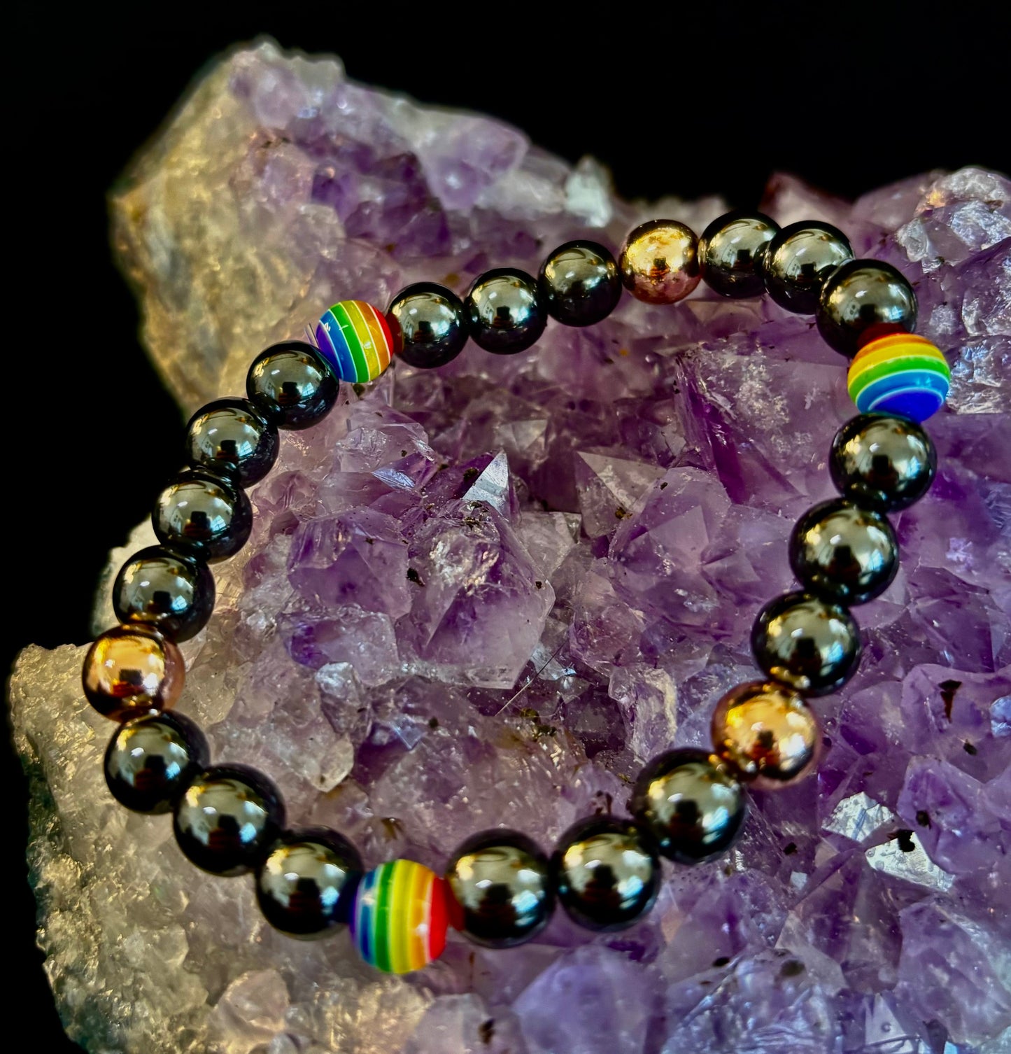 LGBTQ+ Pride Black Stone Beaded Bracelet – For Every Identity | 8mm Rainbow Stripe Beads | Gold or Rose Gold Accent Bracelet