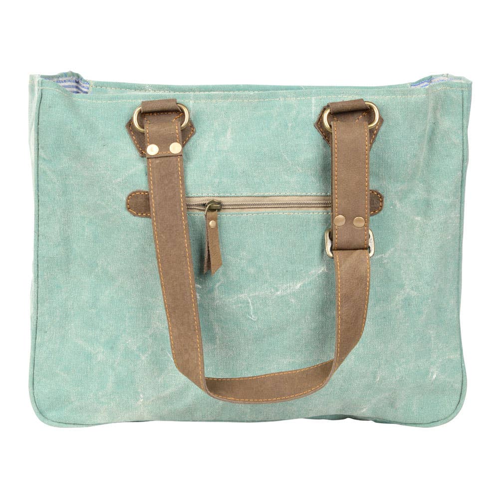 Clea Ray Aqua Canvas Chevron Pocket Tote Bag