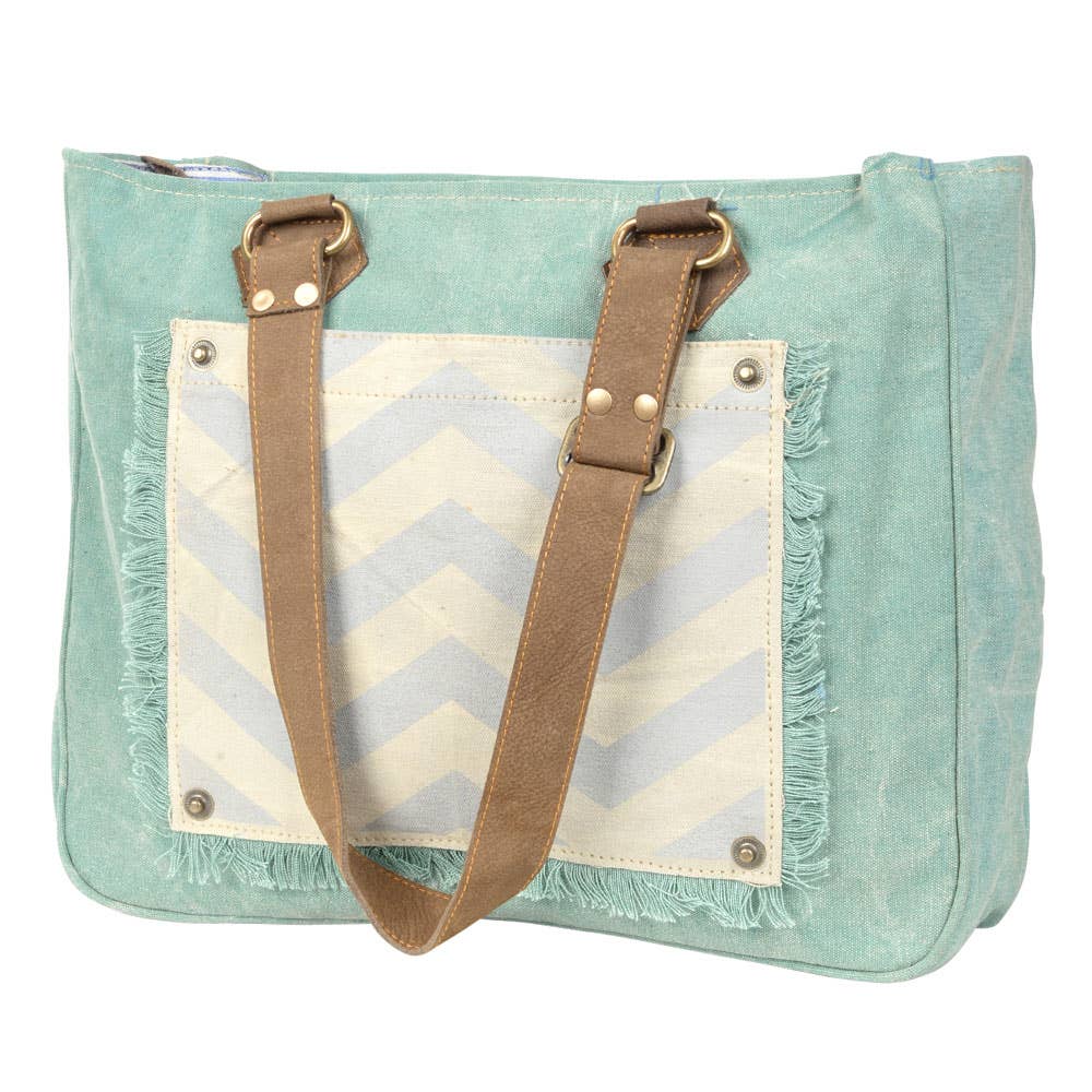 Clea Ray Aqua Canvas Chevron Pocket Tote Bag