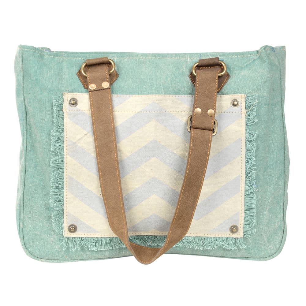 Clea Ray Aqua Canvas Chevron Pocket Tote Bag