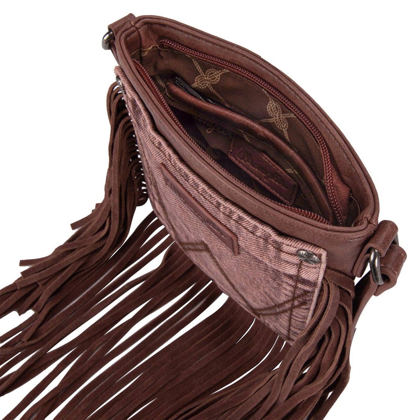 Wrangler Leather Fringe Jean Denim Pocket Crossbody - Light Coffee