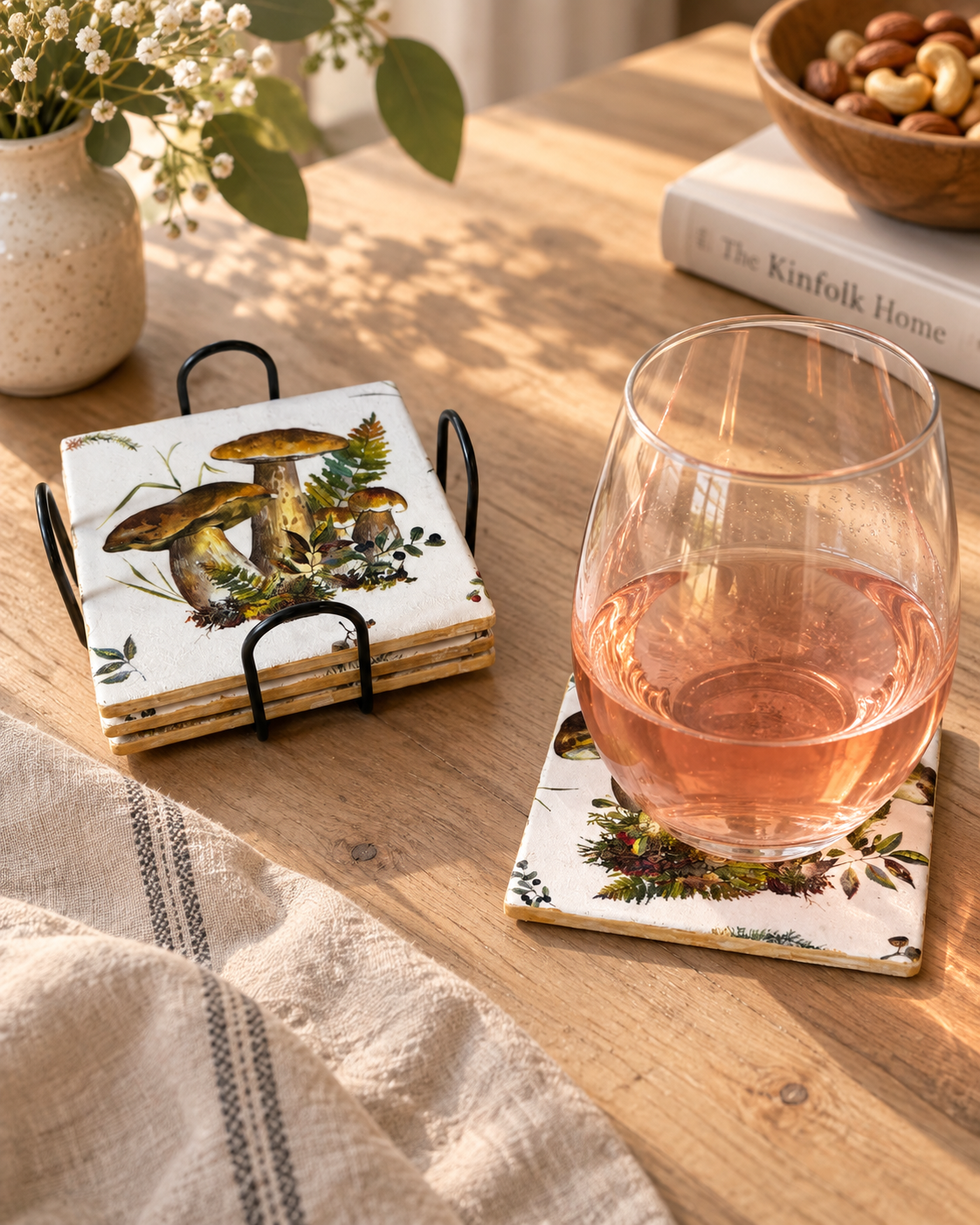 Woodland Mushroom Handmade Coaster Set | Set of 4 with Metal Holder